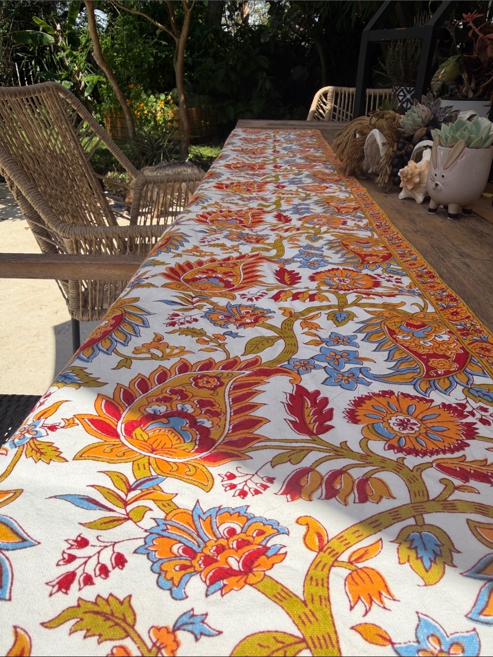 Pomegranate Red Orange Blue Floral Print Table Runner 5x5 ft long 13’’ wide